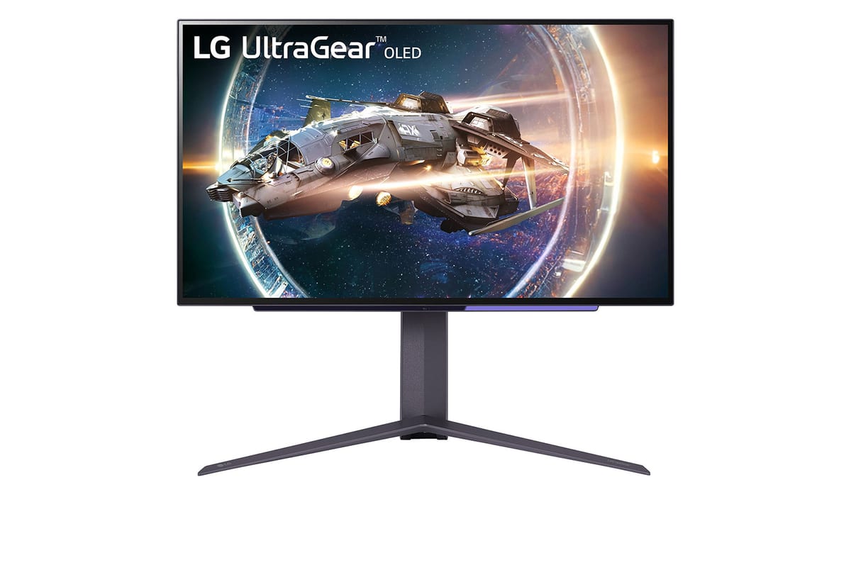 LG UltraGear 27GR95QE-B 27 inch WOLED gaming monitor displaying a vivid landscape