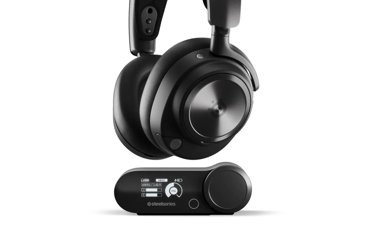 SteelSeries Arctis Nova Pro Wireless headset with the dual base station
